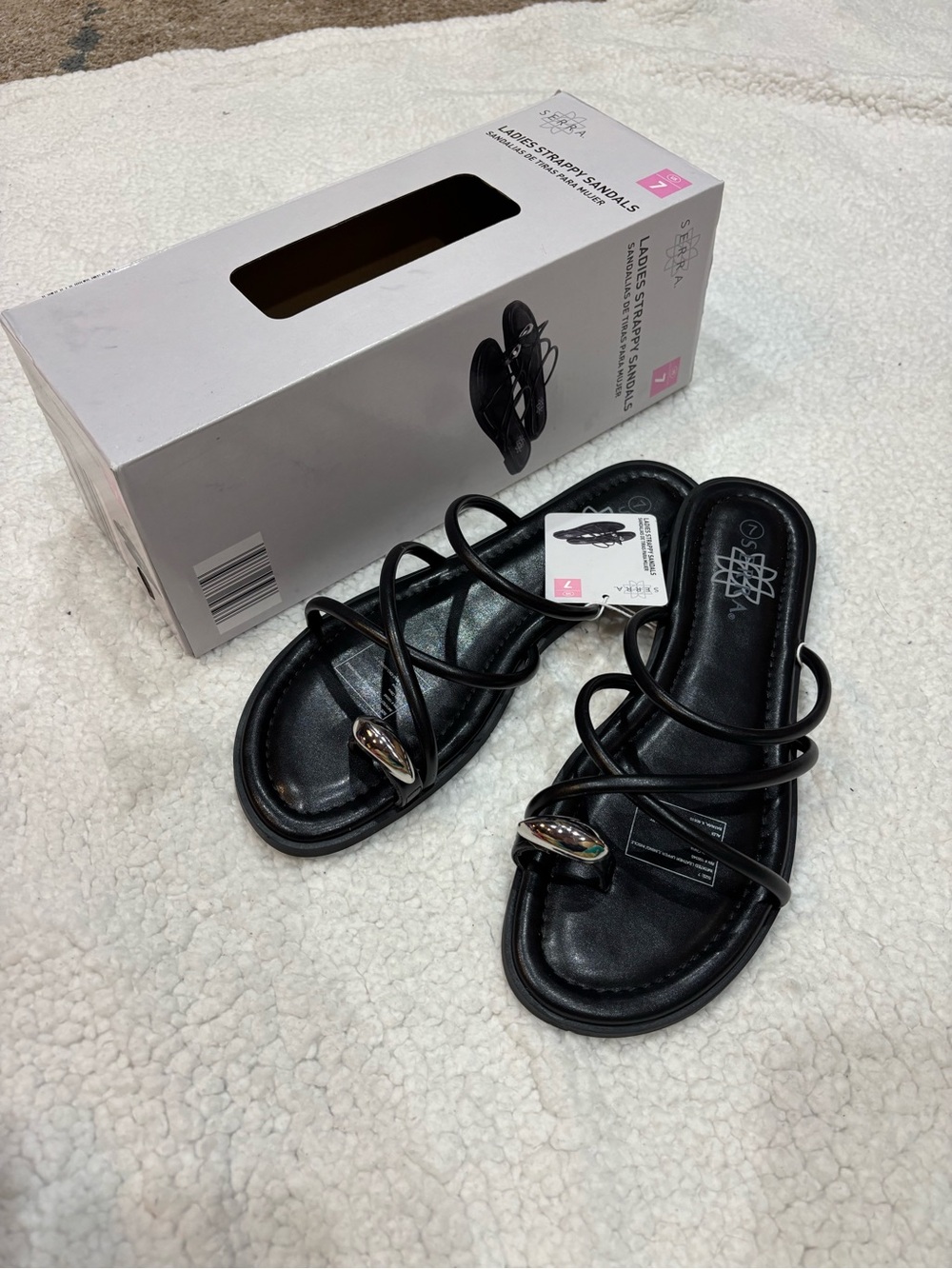 NWT Ladies' Black Serra Strappy Slide Sandals Size 7
